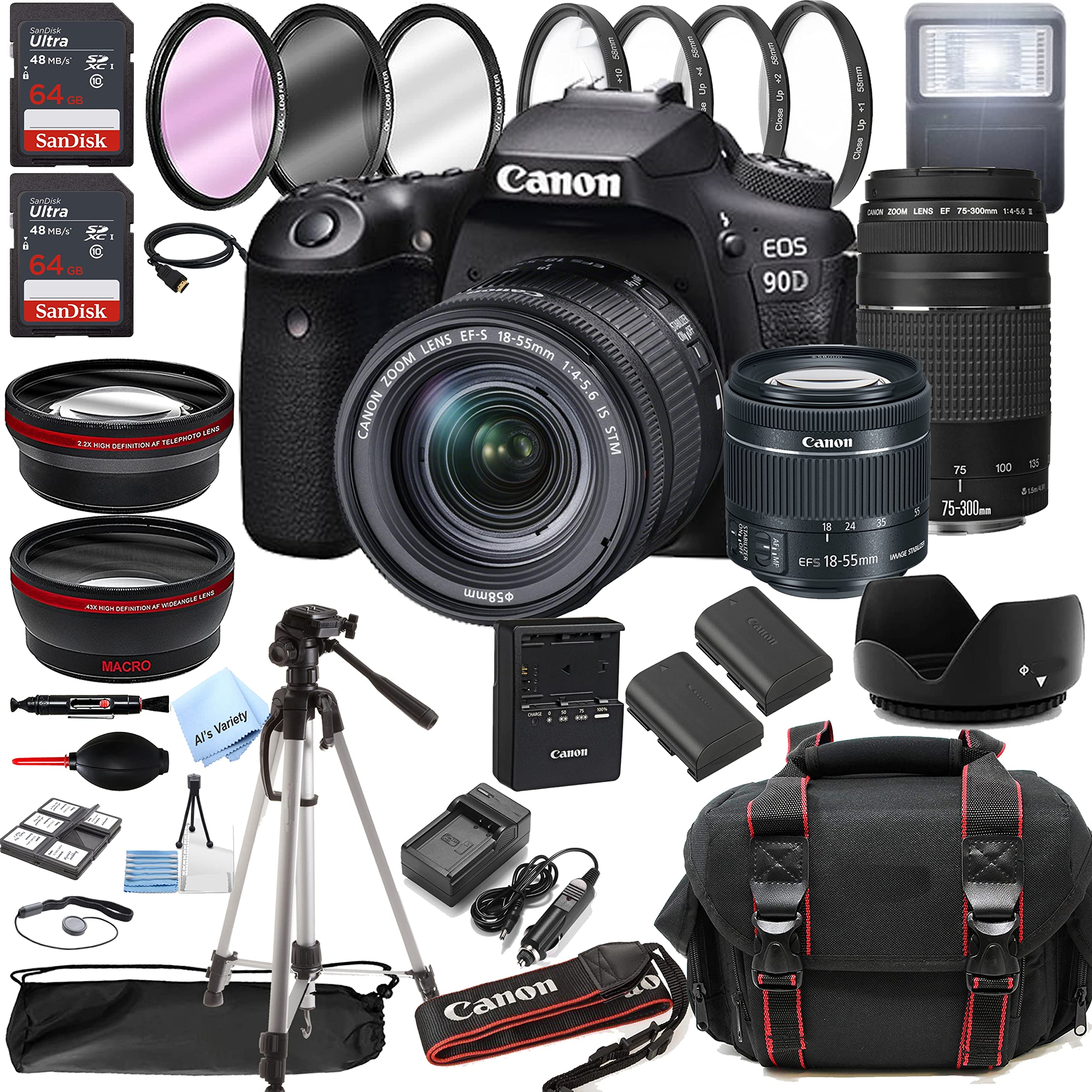 Canon EOS 90D DSLR Camera w/EF-S 18-55mm F/4-5.6 is STM Zoom Lens + 75-300mm F/4-5.6 III Lens + 128GB Memory + Case + Tripod + Filters (38pc Bundle)