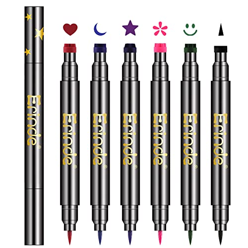 Erinde 6 Colors Double-headed Liquid Eyeliner Stamp Pen Set, Blue Red Pink Purple Green Black Colorful Winged Eye Liners for Women, Waterproof Long-Lasting Star Moon Heart Eye Face Makeup