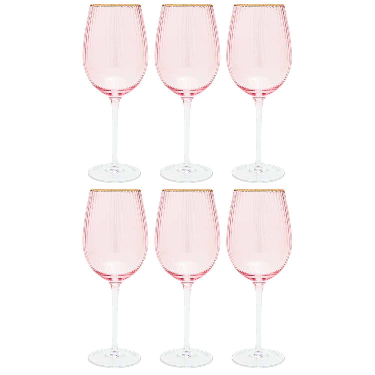 Vikko Décor Wine Glasses, Set of 6 Peach Blown Glass with Gold Rim, 14 Ounce Fancy Wine Glasses With Stem for Red and White Wine, Dishwasher Safe Goblets, Decorative Wine Glasses