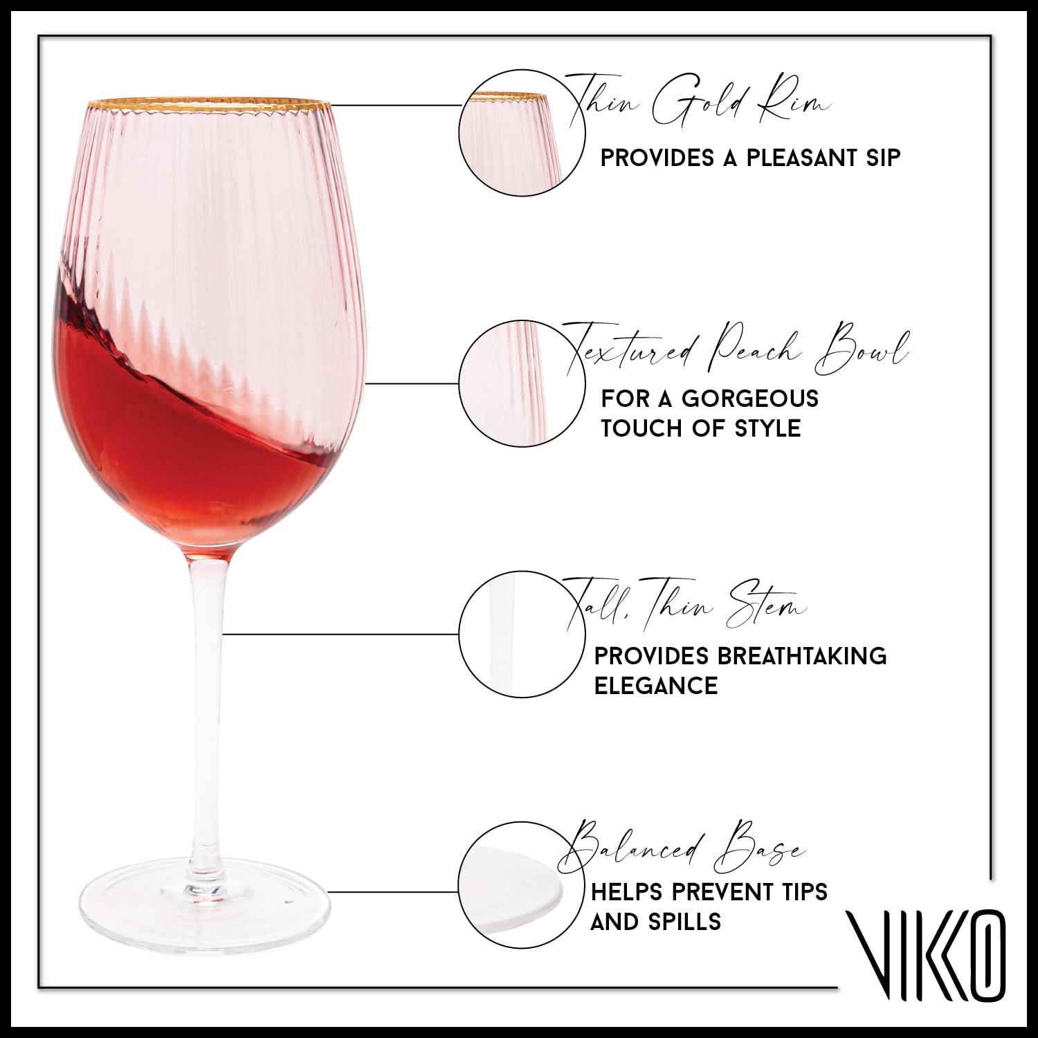 Vikko Décor Wine Glasses, Set of 6 Peach Blown Glass with Gold Rim, 14 Ounce Fancy Wine Glasses With Stem for Red and White Wine, Dishwasher Safe Goblets, Decorative Wine Glasses