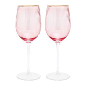 vikko décor wine glasses, set of 2 peach blown glass with gold rim, 11 ounce fancy wine glasses with stem for red and white wine, dishwasher safe goblets, decorative wine glasses