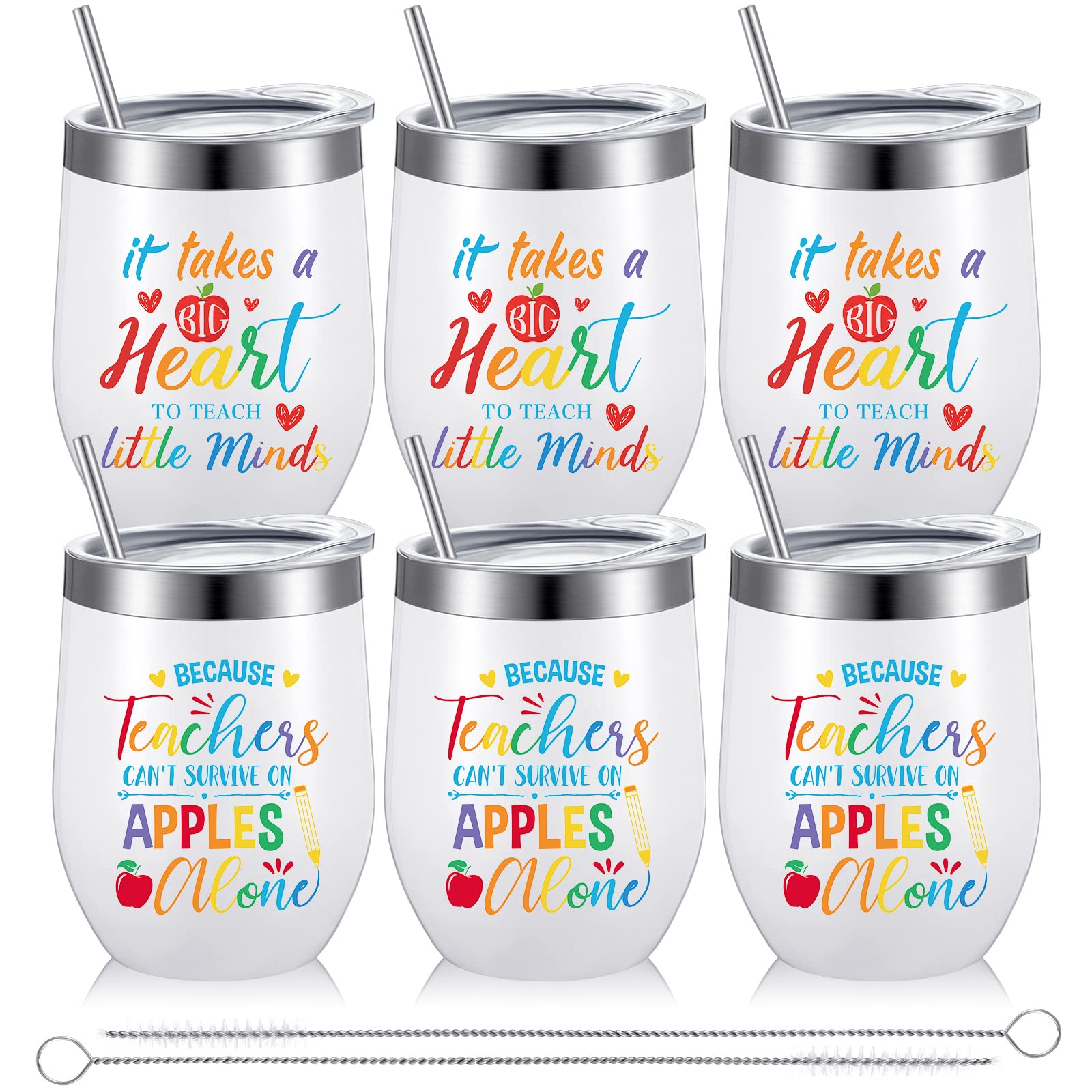 6 Pack Teacher Gifts Teacher Tumbler Bulk 12oz Stainless Steel Teacher Wine Glass with Lids and Straws Teacher Appreciation, Birthday Gifts for Daycare, Kindergarten Teacher (Apple)