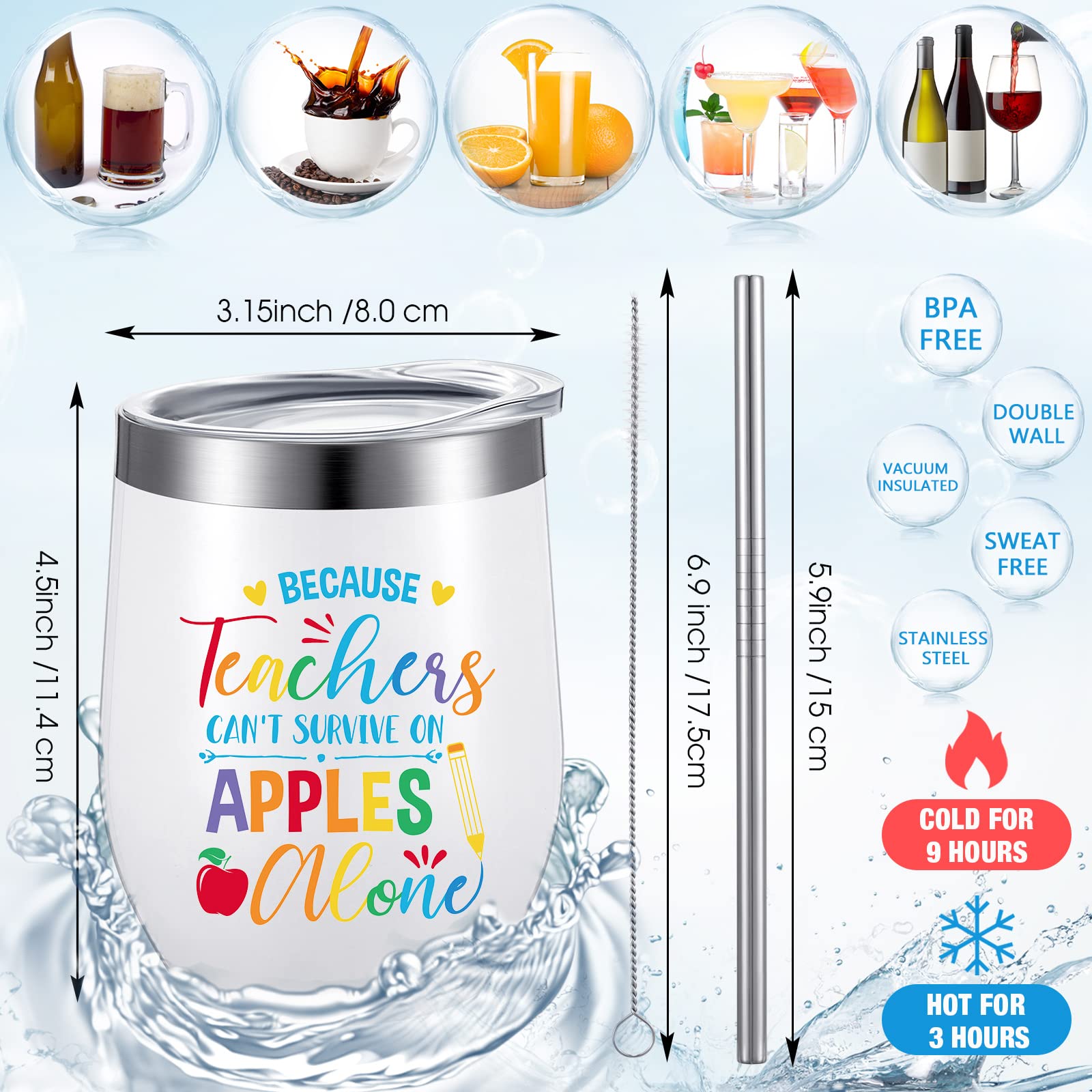 6 Pack Teacher Gifts Teacher Tumbler Bulk 12oz Stainless Steel Teacher Wine Glass with Lids and Straws Teacher Appreciation, Birthday Gifts for Daycare, Kindergarten Teacher (Apple)