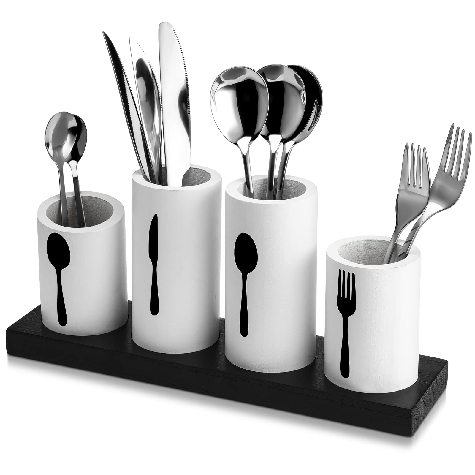 Eaasty 5 Pieces Rustic Silverware Holder Farmhouse Wood Silverware Caddy with Tray Knife Spoon Fork Flatware Holder Countertop Cutlery Organizer Cutlery Holder for Countertop Kitchen (Black, White)