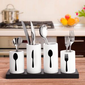 Eaasty 5 Pieces Rustic Silverware Holder Farmhouse Wood Silverware Caddy with Tray Knife Spoon Fork Flatware Holder Countertop Cutlery Organizer Cutlery Holder for Countertop Kitchen (Black, White)