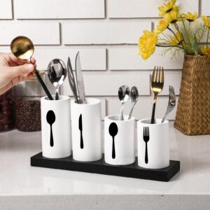 Eaasty 5 Pieces Rustic Silverware Holder Farmhouse Wood Silverware Caddy with Tray Knife Spoon Fork Flatware Holder Countertop Cutlery Organizer Cutlery Holder for Countertop Kitchen (Black, White)