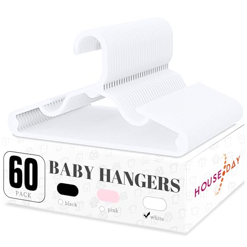 HOUSE DAY Plastic Baby Hangers for Closet 60 Pack, Durable Plastic Kids Hangers for Baby Clothes, Thin & Compact Childrens Hangers, Space Saving White Baby Hangers, Small Hangers for Kids Clothes