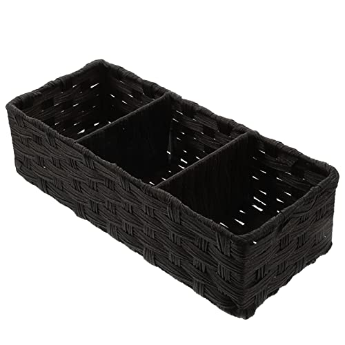 PATKAW Home Decor Rectangular Baskets with 3 Compartments Hand Woven Shelf Baskets Sundries Bin Baskets Organizer for Shelves Coffee Table (Black) Toilet Paper Holder