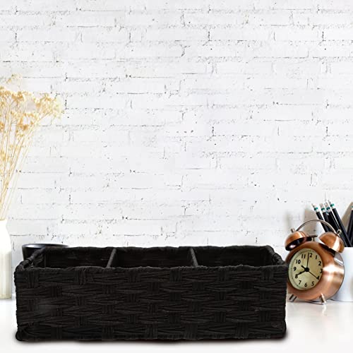 PATKAW Home Decor Rectangular Baskets with 3 Compartments Hand Woven Shelf Baskets Sundries Bin Baskets Organizer for Shelves Coffee Table (Black) Toilet Paper Holder