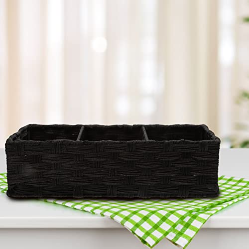 PATKAW Home Decor Rectangular Baskets with 3 Compartments Hand Woven Shelf Baskets Sundries Bin Baskets Organizer for Shelves Coffee Table (Black) Toilet Paper Holder