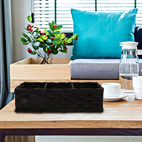 PATKAW Home Decor Rectangular Baskets with 3 Compartments Hand Woven Shelf Baskets Sundries Bin Baskets Organizer for Shelves Coffee Table (Black) Toilet Paper Holder