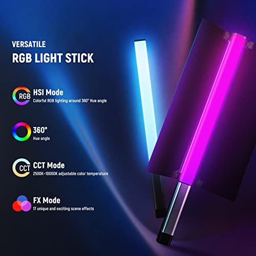 NEEWER CL124 RGB Handheld LED Light Stick Video Light Wand with APP Control & Metal Barndoor, 360°Full Color 16W 2500K-10000K CRI97+ Photography Tube Lighting with 17 Preset Scenes 2600mAh Battery