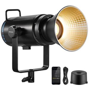 neewer cb200b 210w led video light with 2.4g/app remote control, all metal bi color cob continuous output lighting with bowens mount 90000lux/1m 2700k-6500k cri/tlci97+ 12 effects for video recording