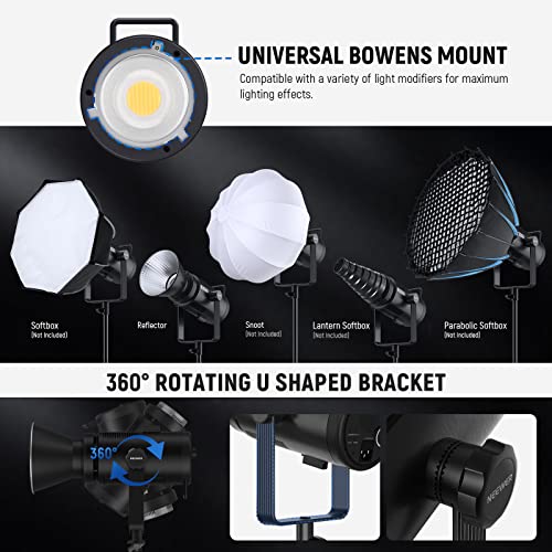 NEEWER CB200B 210W LED Video Light with 2.4G/APP Remote Control, All Metal Bi Color COB Continuous Output Lighting with Bowens Mount 90000Lux/1m 2700K-6500K CRI/TLCI97+ 12 Effects for Video Recording