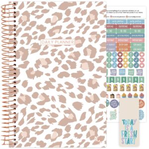 bloom daily planners undated calendar year day planner - passion/goal organizer - start anytime monthly/weekly agenda book with tabs (january to december) - 5.5" x 8.25" - tan leopard