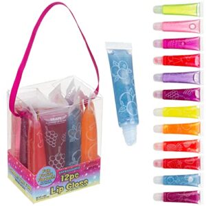 expressions 12pc flavored lip gloss set, glitter lip kit, fruit flavored lip gloss tubes, lip gloss for kids, safe and non toxic kids makeup set