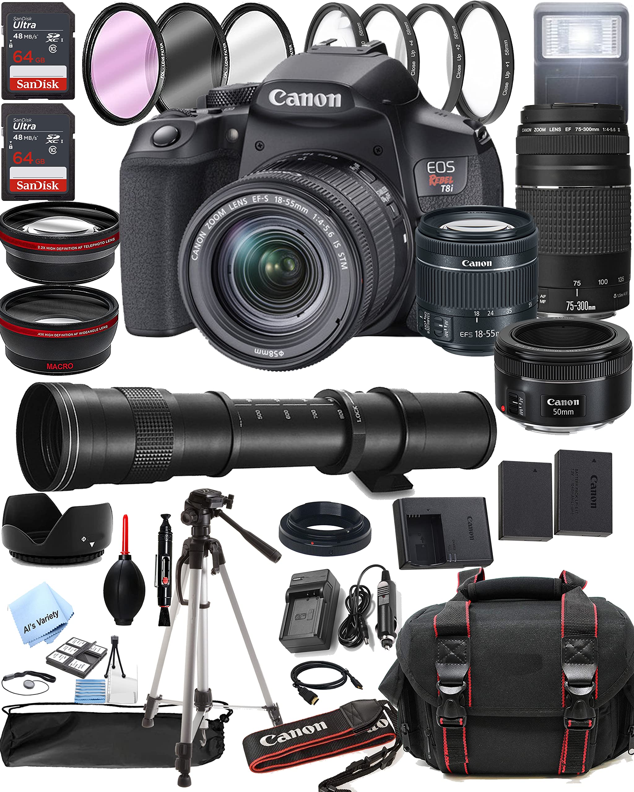 Canon EOS Rebel T8i DSLR Camera w/EF-S 18-55mm F/4-5.6 is STM Lens + 75-300mm F/4-5.6 III Lens + 50mm f/1.8 STM Lens + 420-800mm Super Telephoto Lens + 128GB Memory (42pc Extreme Bundle)