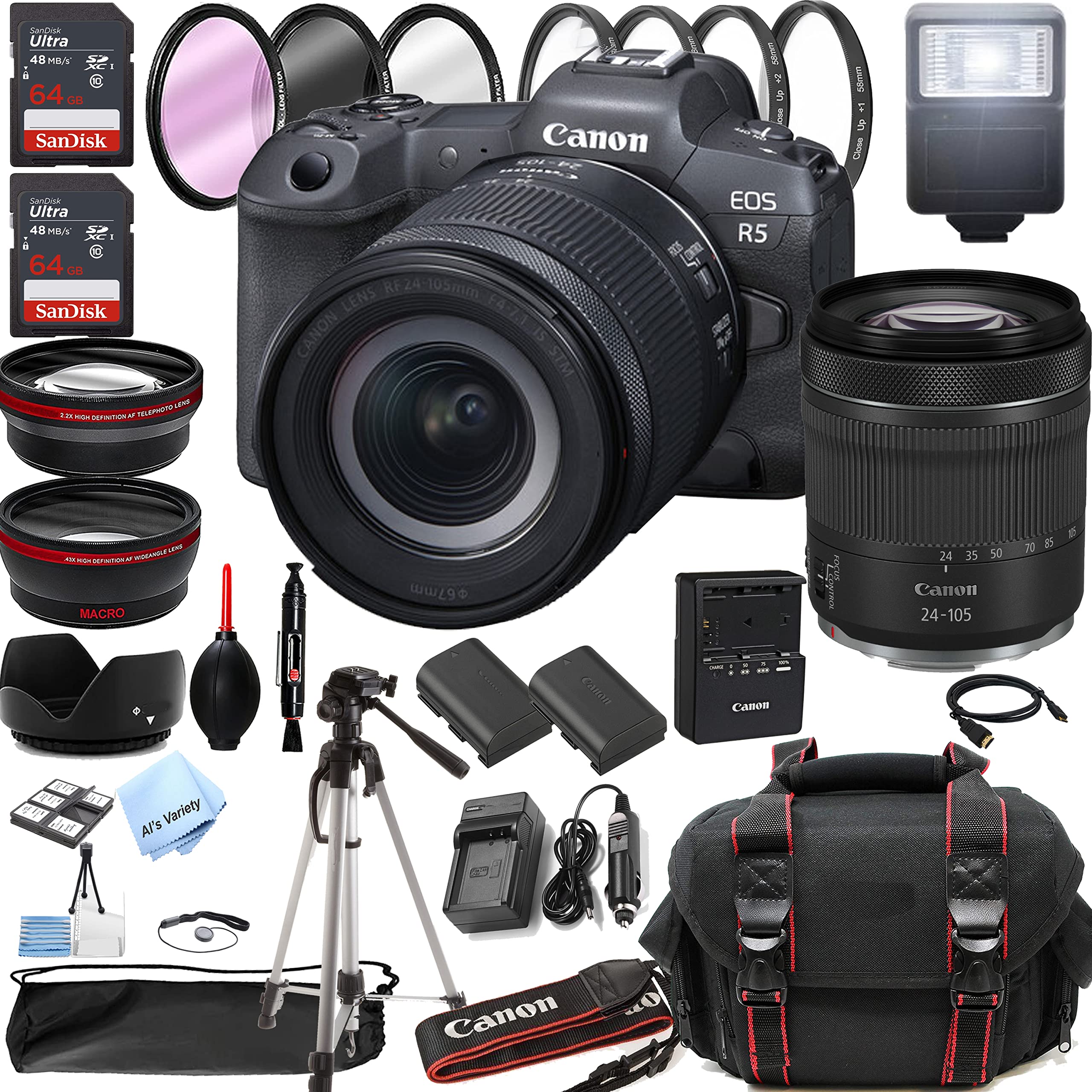 Canon EOS R5 Mirrorless Digital Camera with RF 24-105mm f/4-7.1 STM Lens + 128GB Memory + Case + Tripod + Filters (38pc Bundle)