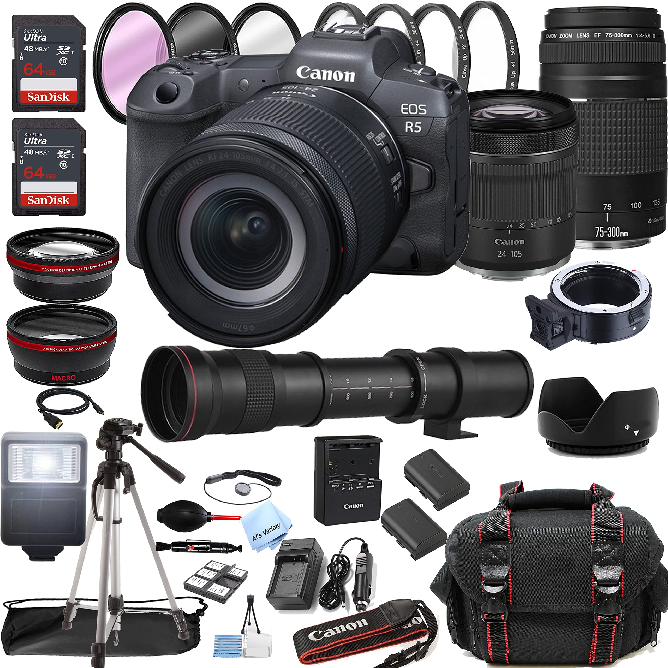 Canon EOS R5 Mirrorless Digital Camera with RF 24-105mm f/4-7.1 STM Lens + 75-300mm F/4-5.6 III Lens + 420-800mm Super Telephoto Lens + 128GB Memory + Case + Tripod + Filters (44pc Bundle)