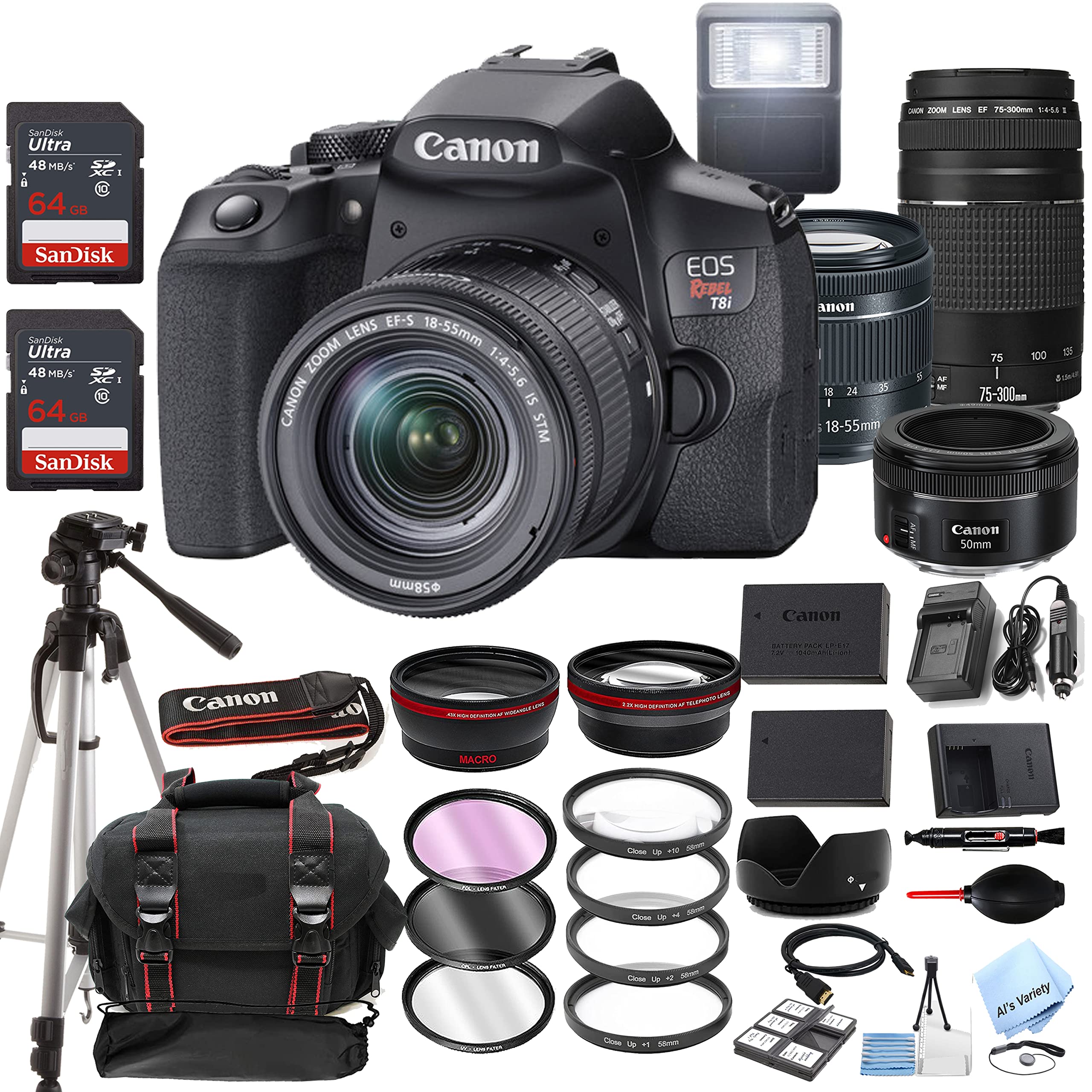 Canon EOS Rebel T8i DSLR Camera w/EF-S 18-55mm F/4-5.6 is STM Zoom Lens + 75-300mm F/4-5.6 III Lens + EF 50mm f/1.8 STM Lens + 128GB Memory + Case + Tripod + Filters (40pc Bundle)