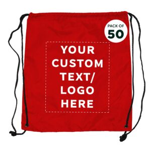 discount promos custom classic polyester drawstring bags set of 50, personalized bulk pack - bring everywhere you go, great for travelling, gym and for everyday use - red