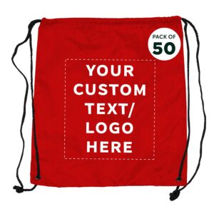 DISCOUNT PROMOS Custom Classic Polyester Drawstring Bags Set of 50, Personalized Bulk Pack - Bring Everywhere You Go, Great for Travelling, Gym and for Everyday Use - Red