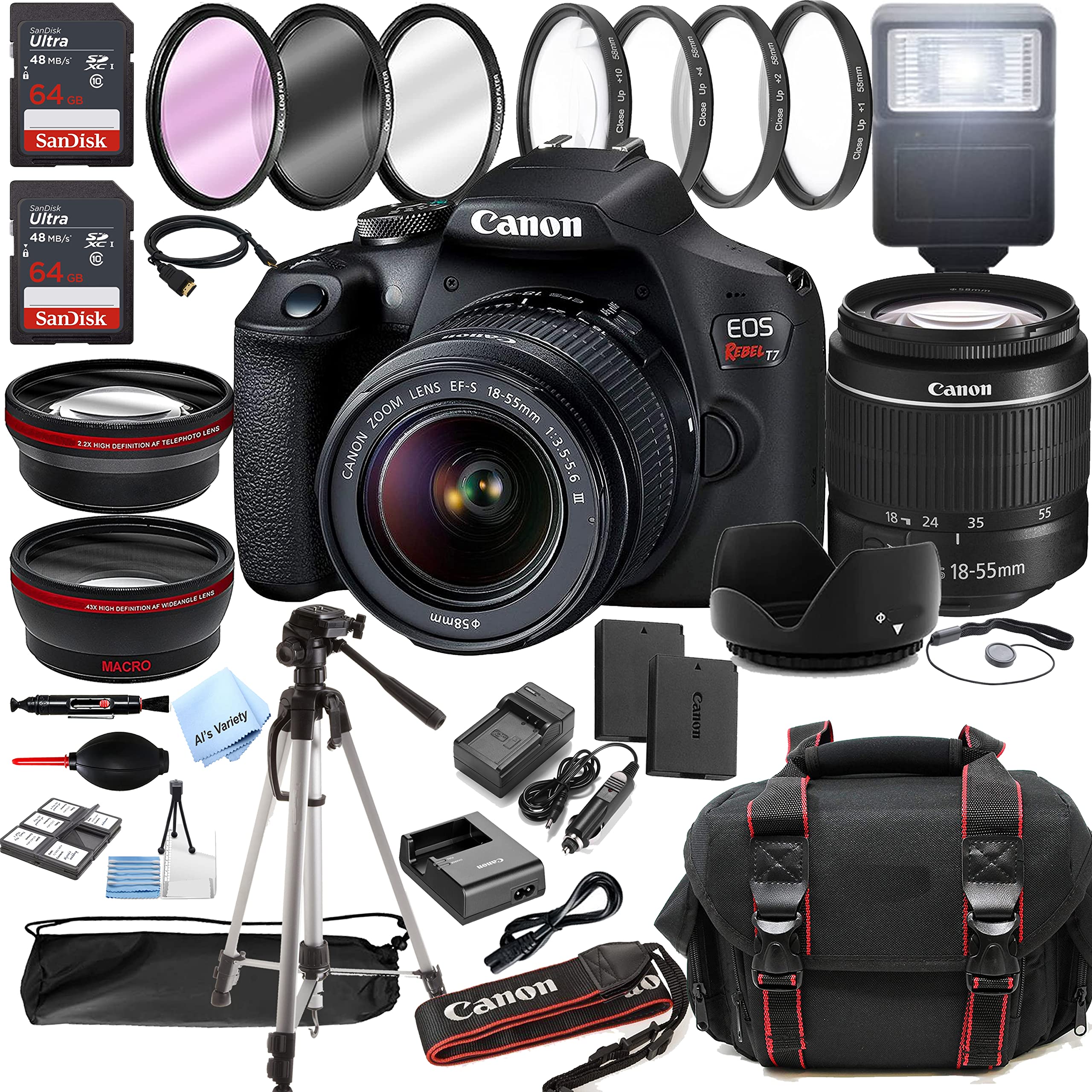 Canon EOS Rebel T7 / 2000D DSLR Camera w/EF-S 18-55mm F/3.5-5.6 Zoom Lens + 128GB Memory + Case + Tripod + Filters (36pc Bundle)