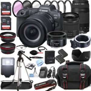 canon eos r5 mirrorless digital camera with rf 24-105mm f/4-7.1 stm lens + 75-300mm f/4-5.6 iii lens + 50mm f/1.8 stm lens + 128gb memory + case + tripod + filters (43pc bundle)