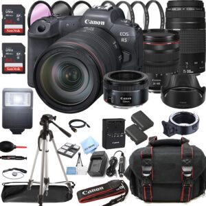canon eos r5 mirrorless digital camera with rf 24-105mm f/4 l is usm lens + 75-300mm f/4-5.6 iii lens + 50mm f/1.8 stm lens + 128gb memory + case + tripod + filters (43pc bundle)