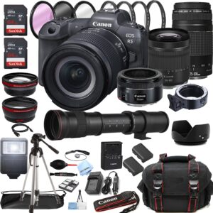 canon eos r5 mirrorless digital camera with rf 24-105mm stm lens + 75-300mm lens + 50mm stm lens +420-800mm super telephoto lens + 128gb memory + case + tripod + filters (45pc bundle)