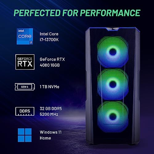 Skytech Eclipse Gaming PC Desktop – Intel Core i7 13700K 3.4 GHz, NVIDIA RTX 4080, 1TB NVME Gen4 SSD, 32GB DDR5 RAM RGB, 1000W Gold PCIE 5.0 PSU, 420mm AIO, 11AC Wi-Fi, Windows 11 Home 64-bit