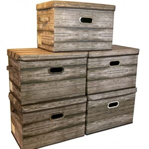 KB X-Large Extra Large Collapsible Fabric Storage Bin with Lid, Foldable Storage Basket, Stackable Box Organizer Container for Closet, Office, Bedroom, Living Room (Set of 5 Bins, Reclaimed Wood)