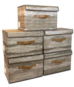 kaleaboutique kb foldable storage bins with lids fabric collapsible stacking boxes, closet organizers storage, laundry room bins, office home storage bins (set of 5 bins, reclaimed wood)