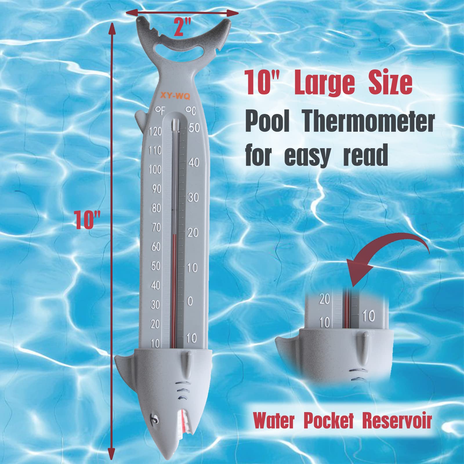 XY-WQ Large Pool Thermometer, Jumbo Easy Read for Water Temperature, Sinking for Accurate Readings - Swimming Pools, Spas, Hot Tubs, Ponds (Shark)