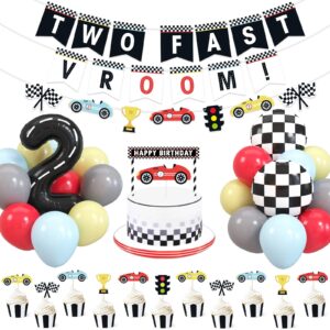 bessmoso vintage two fast birthday race car party decorations supplies racing theme 2nd birthday banner cake topper checkered flags number balloons for let's go racing theme sports event party decor