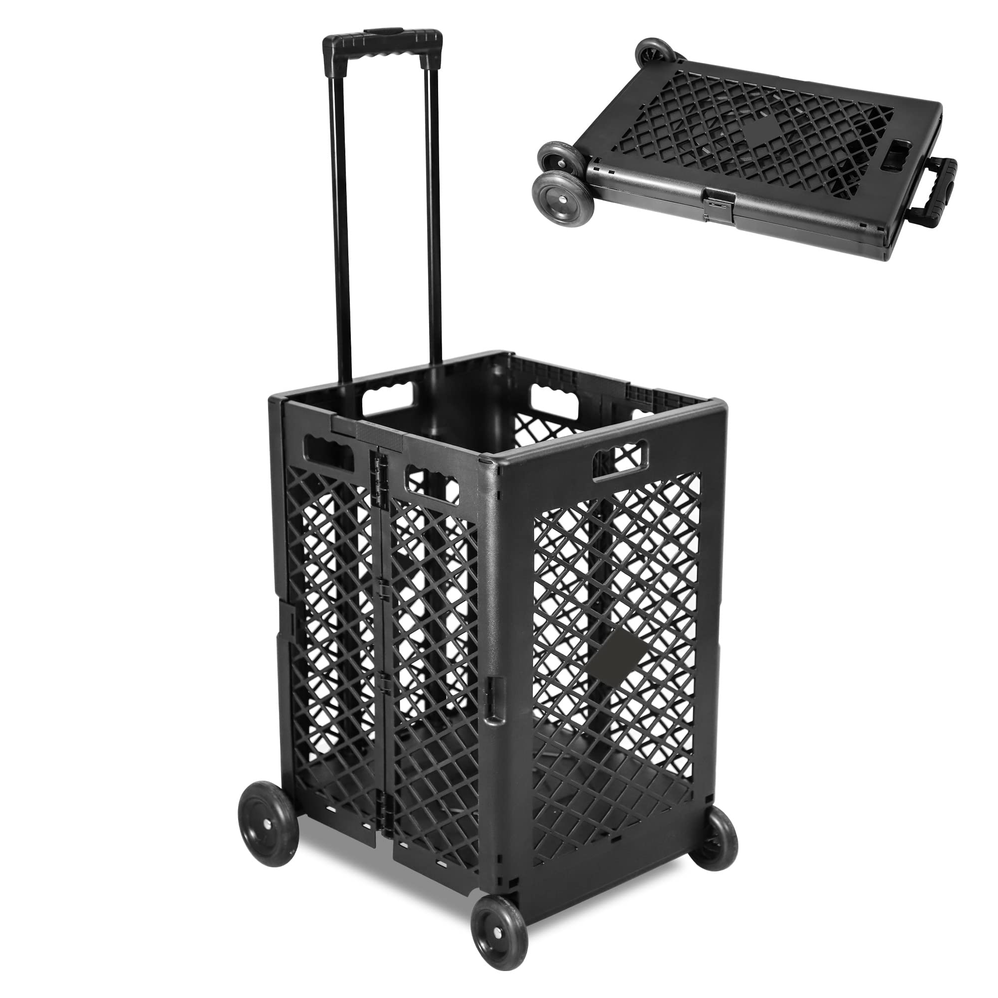 Endynino Foldable Rolling Crate with Wheels, Folding Heavy Duty Collapsible Basket with Telescopic Handle, 66 lbs Capacity Rolling Cart for Shopping,Travel, Laundry, Black, Large