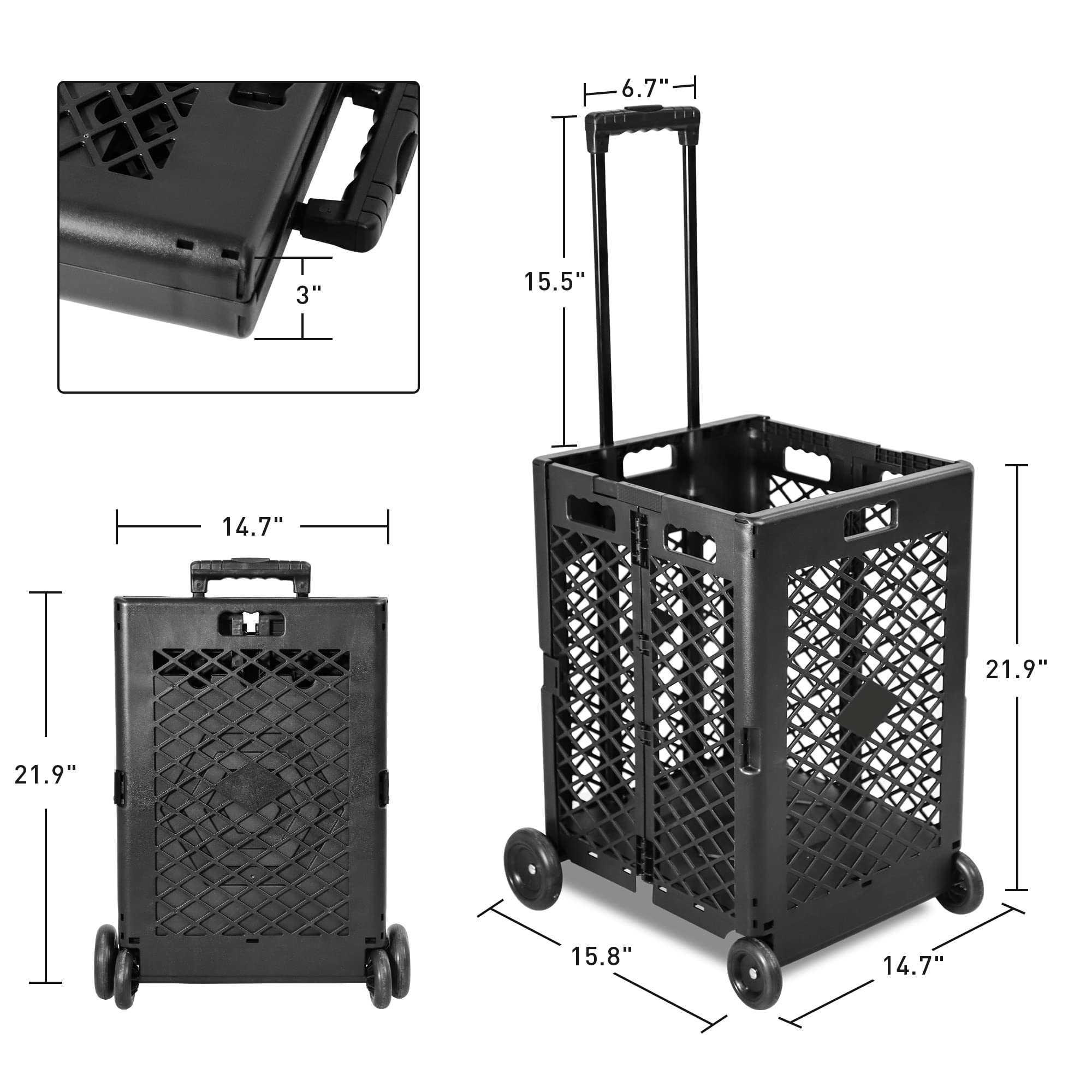 Endynino Foldable Rolling Crate with Wheels, Folding Heavy Duty Collapsible Basket with Telescopic Handle, 66 lbs Capacity Rolling Cart for Shopping,Travel, Laundry, Black, Large