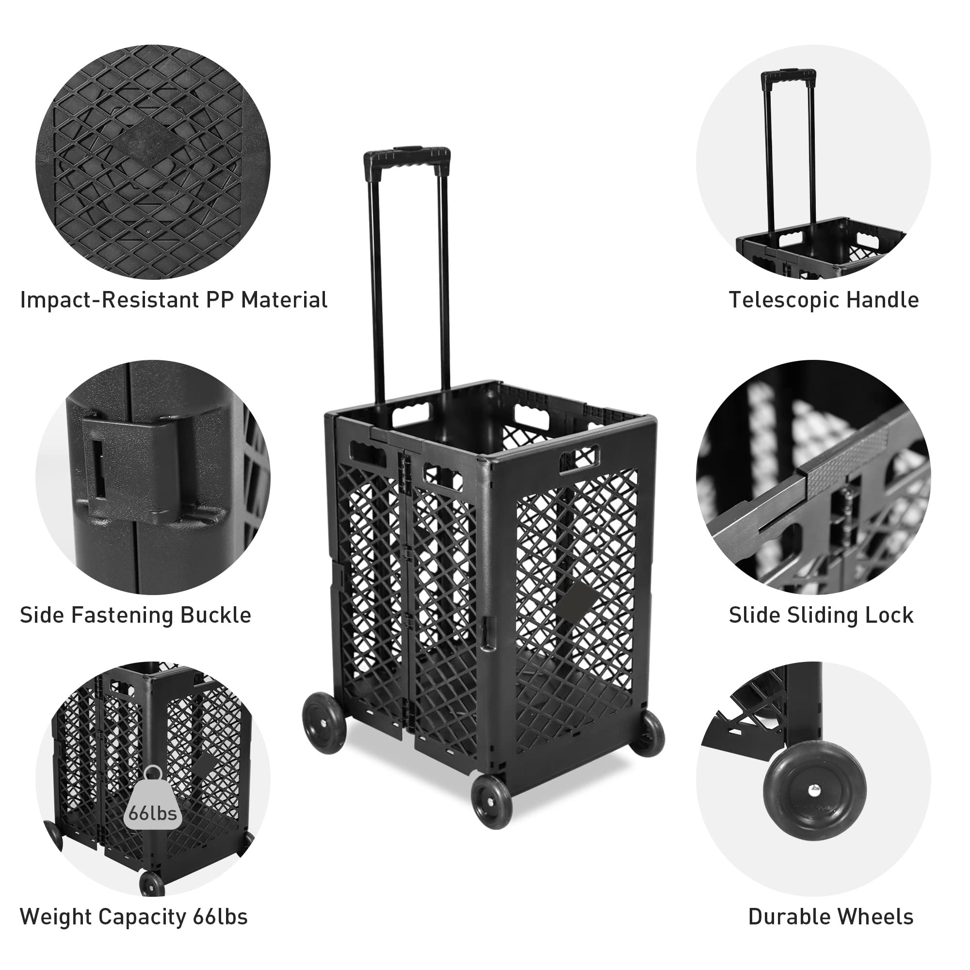 Endynino Foldable Rolling Crate with Wheels, Folding Heavy Duty Collapsible Basket with Telescopic Handle, 66 lbs Capacity Rolling Cart for Shopping,Travel, Laundry, Black, Large