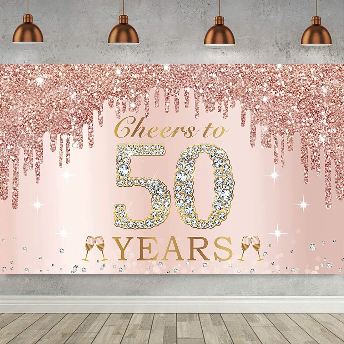 Happy 50th Birthday Backdrop for Women Pink Rose Gold Glitter Po Cheers to 50 Years Party Cake Banner Decor Poster Background