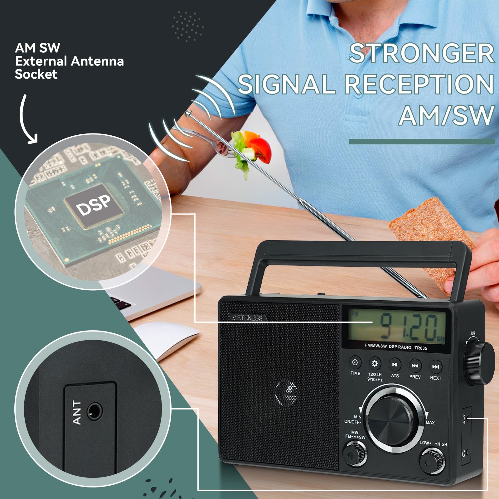 Retekess TR635 AM FM Radio with External Antenna Jack, Portable Shortwave Radio with Best Reception, Backlight LCD Display, Time Setting,Battery Operated or AC Power,Earphone Jack for Gift,Elder,Home