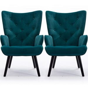 accent chairs set for living room- mid-century modern comfy reading chair for bedroom adults armchairs sillones para sala sofa tall wingback arm chairs microfiber cushioned (teal, 2 chairs)