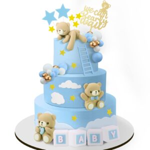 41 pcs/set bear cake toppers mini bear cake decorations cake toppers gold white pearl ball for boy girl baby shower birthday party decorations(blue, brown, cute style)