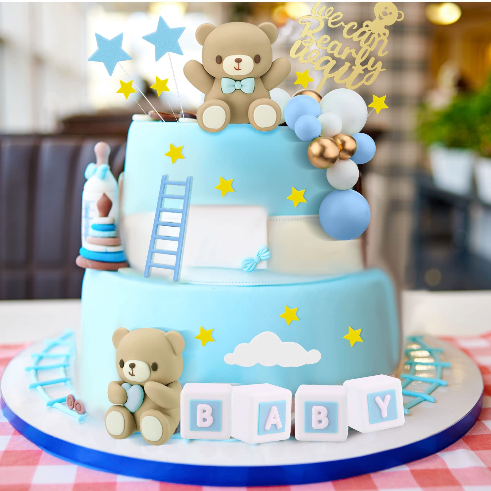 41 Pcs/Set Bear Cake Toppers Mini Bear Cake Decorations Cake Toppers Gold White Pearl Ball for Boy Girl Baby Shower Birthday Party Decorations(Blue, Brown, Cute Style)