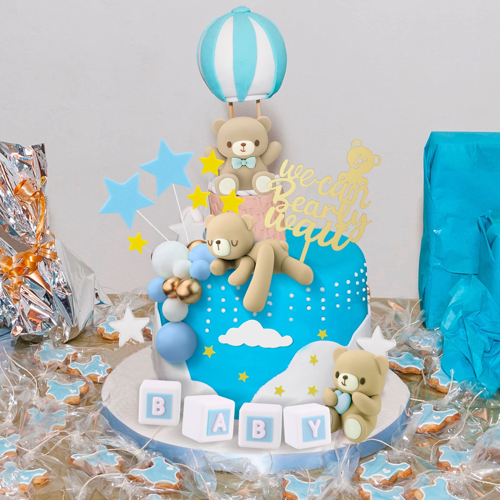 41 Pcs/Set Bear Cake Toppers Mini Bear Cake Decorations Cake Toppers Gold White Pearl Ball for Boy Girl Baby Shower Birthday Party Decorations(Blue, Brown, Cute Style)