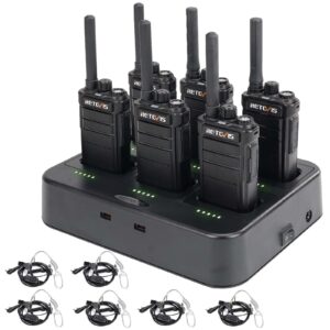 retevis rb26 walkie talkies with earpiece and mic set,gmrs radio,two way radio long range,2000mah battery,usb-c,six way multi-unit charger,high power 2 way radio for construction manufacture (6 pack)