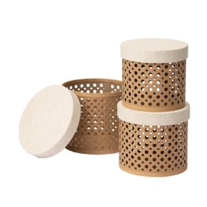 LA JOLIE MUSE Decorative Round Storage Boxes Set of 3, Polka Dot Cutout Baskets with Lids, Desktop Storage Organizer, Gift Baskets with Linen Paper Lids, Brown Baskets, Beige Lids