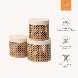 LA JOLIE MUSE Decorative Round Storage Boxes Set of 3, Polka Dot Cutout Baskets with Lids, Desktop Storage Organizer, Gift Baskets with Linen Paper Lids, Brown Baskets, Beige Lids