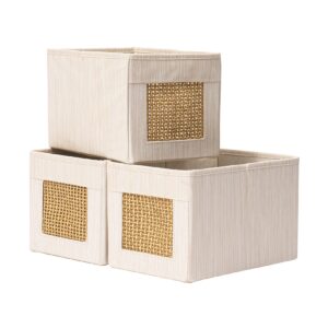 la jolie muse small foldable storage bins, fabric storage bins with paper mesh, storage baskets for organizing, decorative storage boxes with dual handles, decorative storage boxes, set of 3, beige