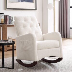 modern accent rocking chair, button tufted upholstered glider rocker for nursery, comfy armchair with side pocket, lounge chair with high backrest for living room, bedroom, office (white teddy)