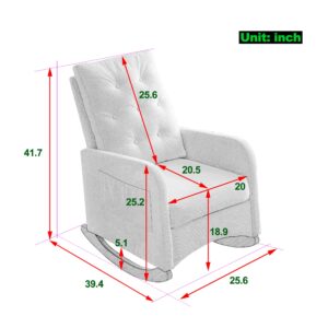 Modern Accent Rocking Chair, Button Tufted Upholstered Glider Rocker for Nursery, Comfy Armchair with Side Pocket, Lounge Chair with High Backrest for Living Room, Bedroom, Office (White Teddy)